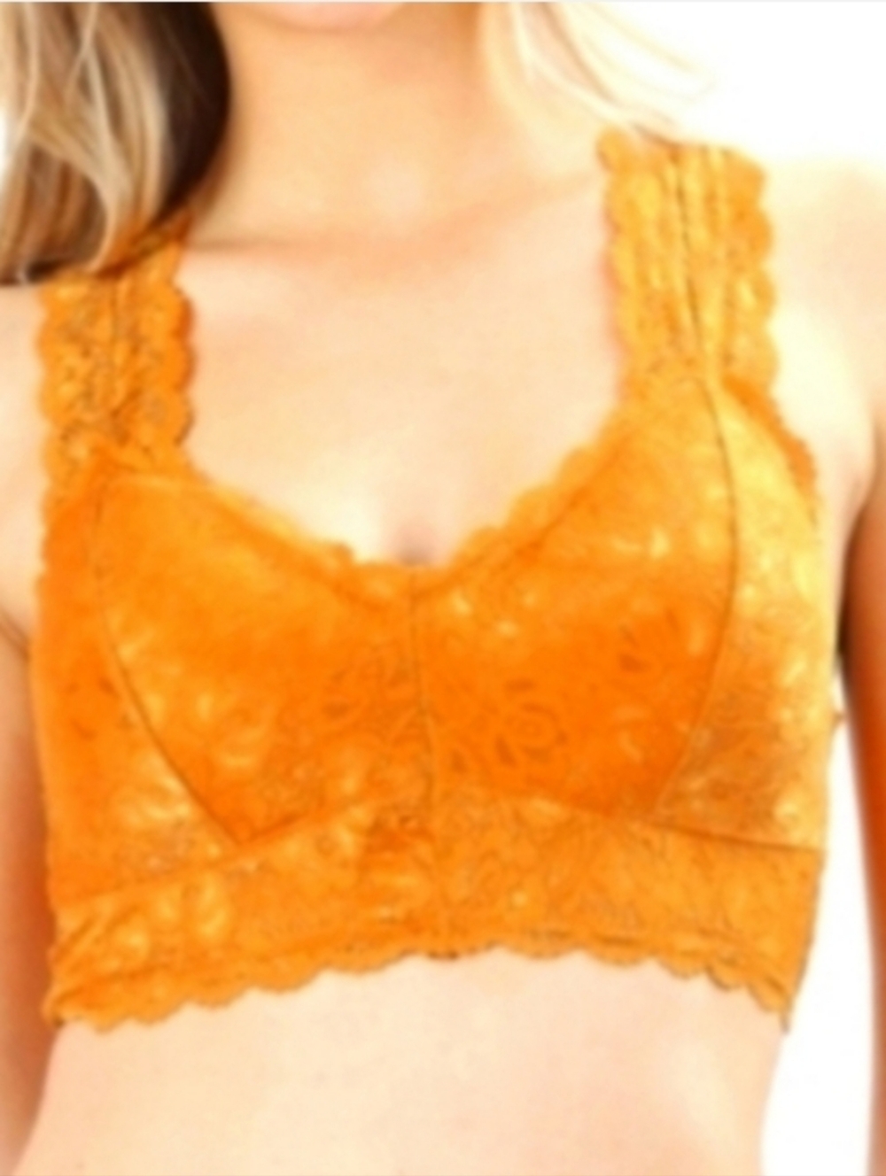 Zenana Outfitters Scalloped Lace Racerback Padded Bralette Desert Mustard
